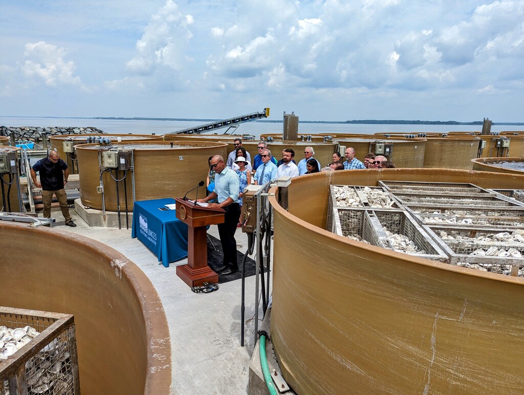 Gov. Wes Moore announces new policy at a lectern Thursday, July 20, 2023 on the oyster hatchery dock at the University of Maryland Center for Environmental Science at Horn Point.