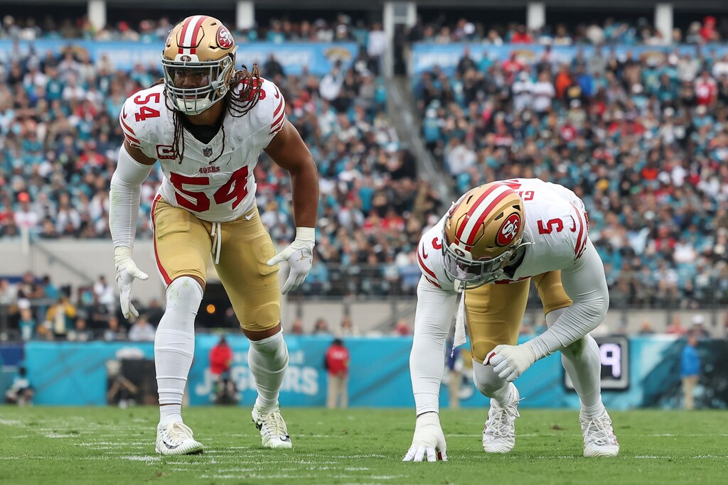 JACKSONVILLE, FLORIDA - NOVEMBER 12: Fred Warner #54 and Randy Gregory #5 of the San Francisco 49ers against the Jacksonville Jaguars during the game at EverBank Field on November 12, 2023 in Jacksonville, Florida. (Photo by Mike Carlson/Getty Images)