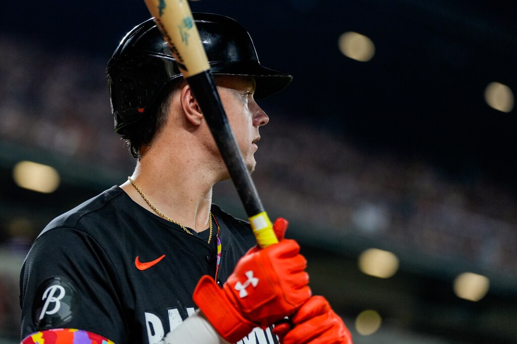 Baltimore Orioles first base Ryan Mountcastle (6) waits on deck in the third game of a series against the Texas Rangers at Camden Yards on June 29, 2024.