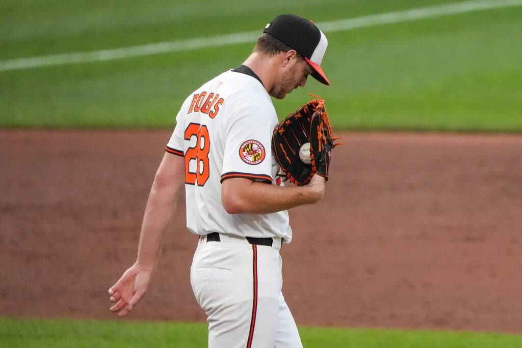 Baltimore Orioles pitcher Trevor Rogers (28) prepares to deliver a pitch during a game against the Texas Rangers at Orioles Park at Camden Yards in Baltimore, Md. on Monday, June 23, 2025.