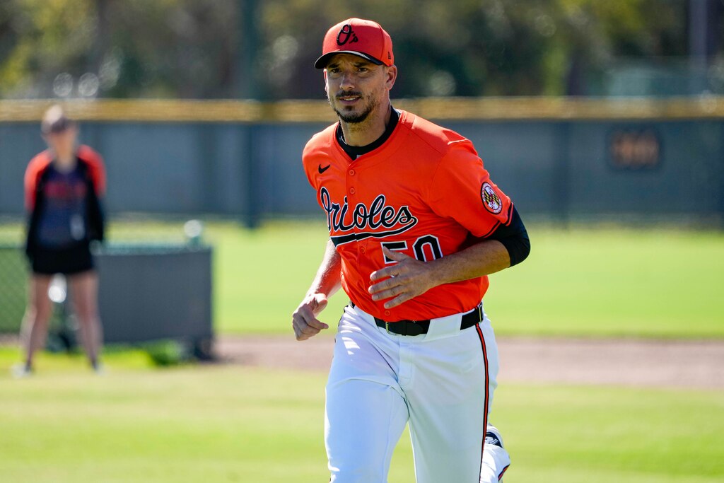 Baltimore Orioles pitcher Charlie Morton (50) sprints during Spring Training at Ed Smith Stadium in Sarasota, Fl. on Monday, February 17, 2025.