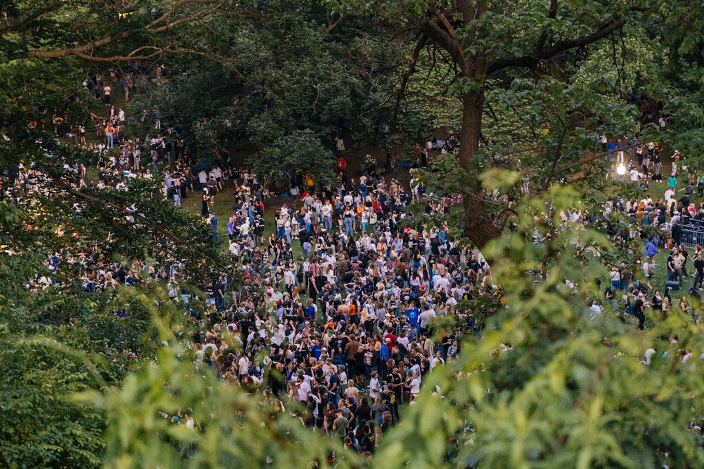Turnstile performs a free benefit concert at Wyman Park Dell in Baltimore, MD on May 10, 2025 to raise donations for Health Care for the Homeless.