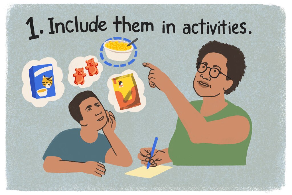 Mom picks one of boy’s suggested foods for grocery list