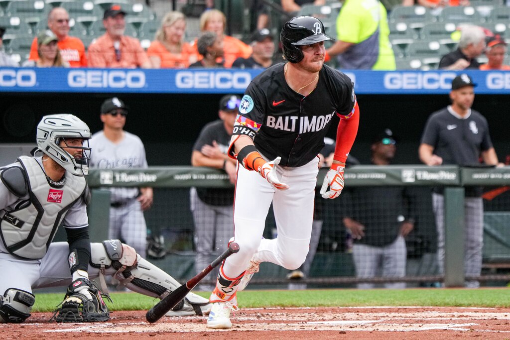 Baltimore Orioles outfielder Ryan O'Hearn (32) singles in a game against the Chicago White Sox at Oriole Park at Camden Yards in Baltimore, Md. on Friday, May 30, 2025.