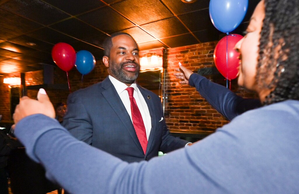 Baltimore City Council President Nick Mosby is greeted by supporters at Melba’s Place Tuesday, May 14, 2024 in Baltimore.