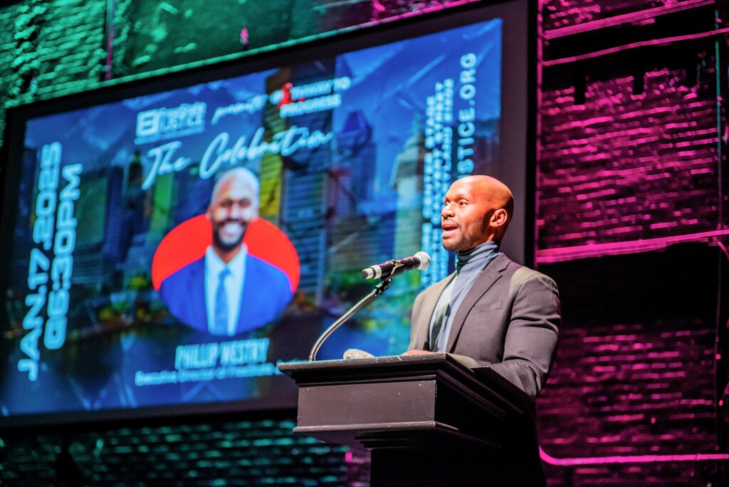 Phillip Westry, Executive Director of FreeState Justice, speaks at the group's annual Pathway to Progress event in 2025.