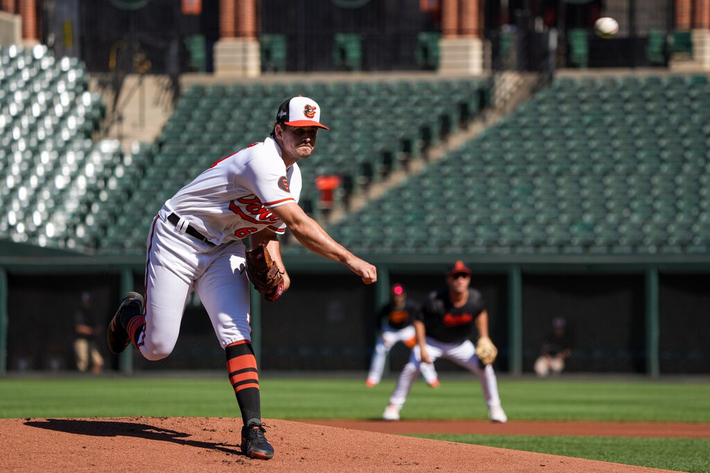 Baltimore Orioles starting pitcher Dean Kremer (64) pitches during a simulated game at Camden Yards on Wednesday, October 4, 2023. The Baltimore Orioles are preparing for their first postseason game in the ALDS against the Texas Rangers on Saturday.