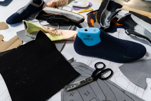 Materials sprawled across a table in the Made Plus factory in Annapolis, MD on June 25, 2025.