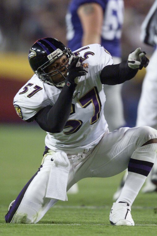 28 Jan 2001: O.J. Brigance #57 of the Baltimore Ravens celebrates a tackle against the New York Giants during Super Bowl XXXV at Raymond James Stadium in Tampa, Florida. DIGITAL IMAGE. Mandatory Credit: Brian Bahr/ALLSPORT