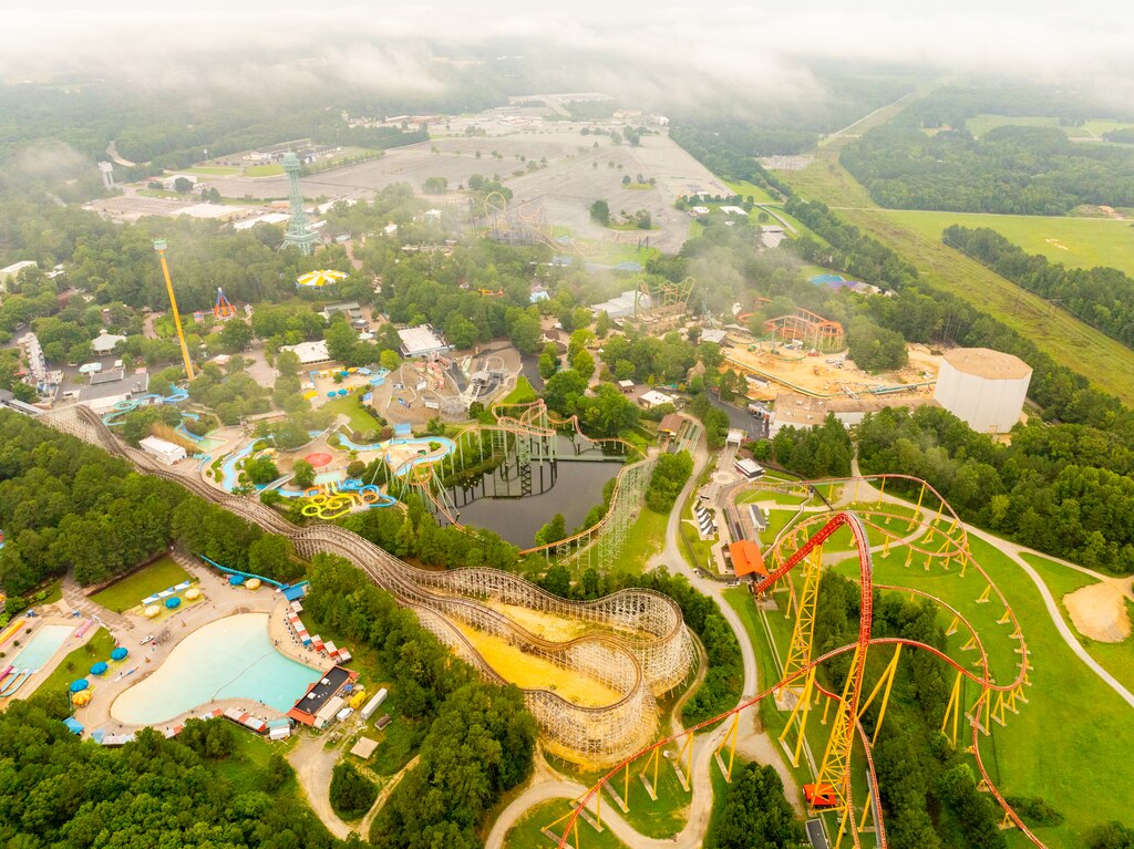 Doswell, VA, USA - July 18, 2024: Aerial photo Kings Dominion Theme and water Park.