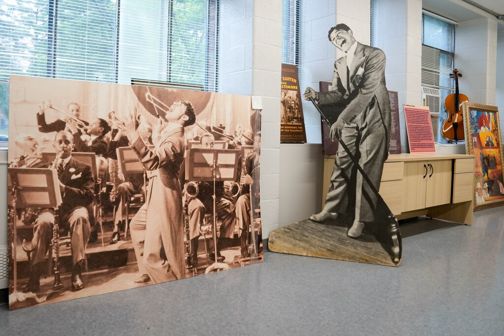 Cab Calloway cutouts, photos, paintings and instruments seen on display at Frederick Douglass High School in Baltimore, Md. on Friday, May 9, 2025. A construction crew was able to break through a safe-like door in the school that had a combination code no one knew.