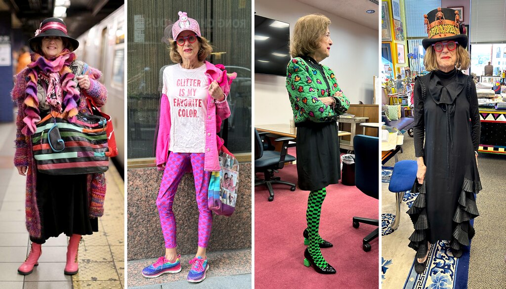 Sally Gold's fashion sense was prominent through her life — whether on the streets of New York City (left), in the courtroom (second right), or on Halloween in her office (right).