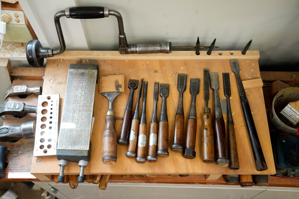 A collection of tools seen inside Phillip Kerrigan’s furniture restoration workshop in Baltimore, Md. on Wednesday, July 3, 2025.