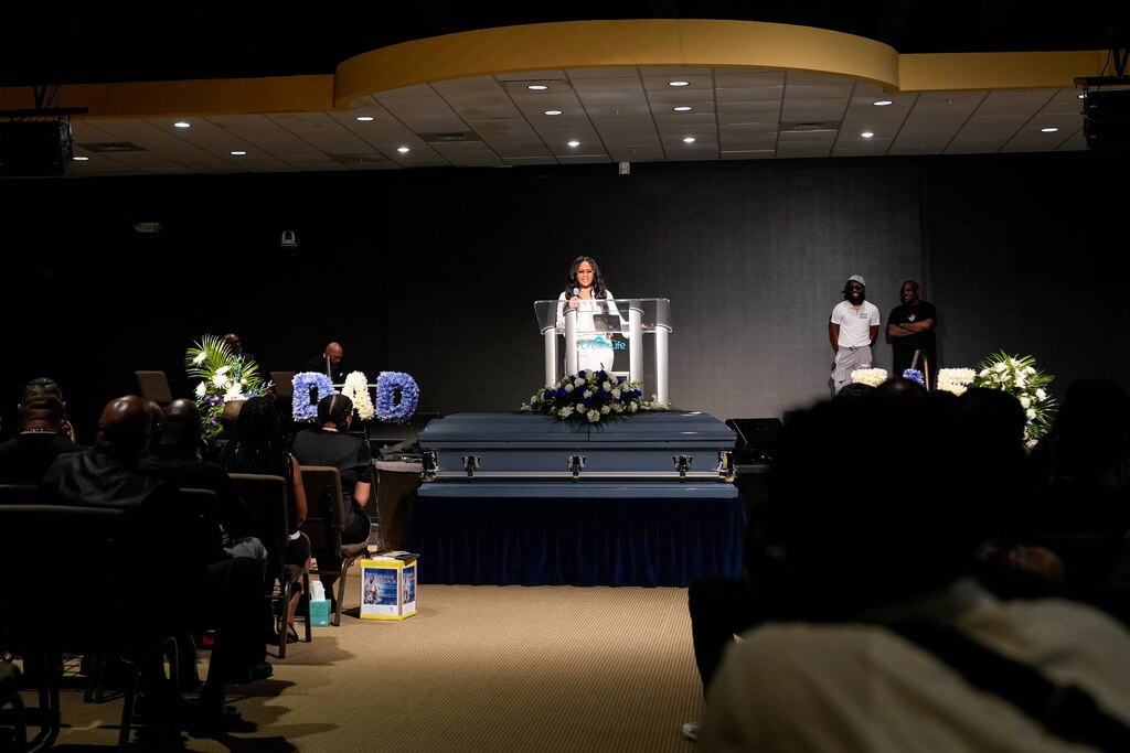 Kaila Thomas, Dontae Melton Jr.’s sister, gives remarks at his funeral at DreamLife Worship Center in Randallstown, Md. on Saturday, July 12, 2025. The 31-year-old died in police custody in June, just one day after his mother had attempted to file an emergency petition in court out of concern for his mental health.