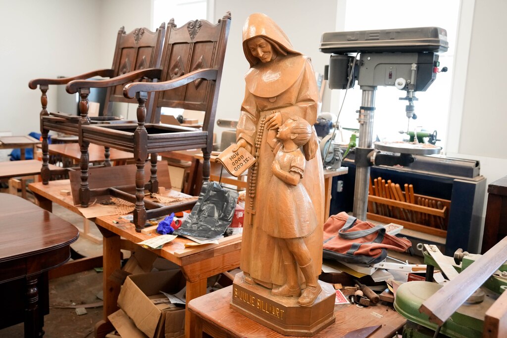 Carved furniture waiting to be picked up by a customer inside of Phillip Kerrigan’s furniture restoration workshop in Baltimore, Md. on Wednesday, July 3, 2025.