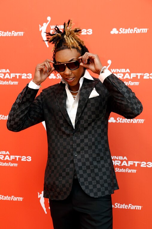 Jordan Horston poses for a photo on the Orange Carpet prior to the 2023 WNBA Draft at Spring Studios on April 10, 2023 in New York City.