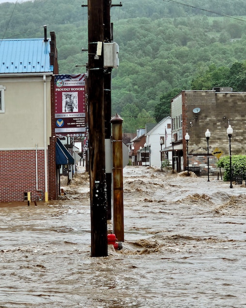 Floodwaters on Main Street in Westernport.