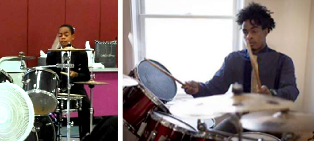 Isaiah Shackleford played drums his whole life, including at church. At left, in 2010, and at right in 2020.