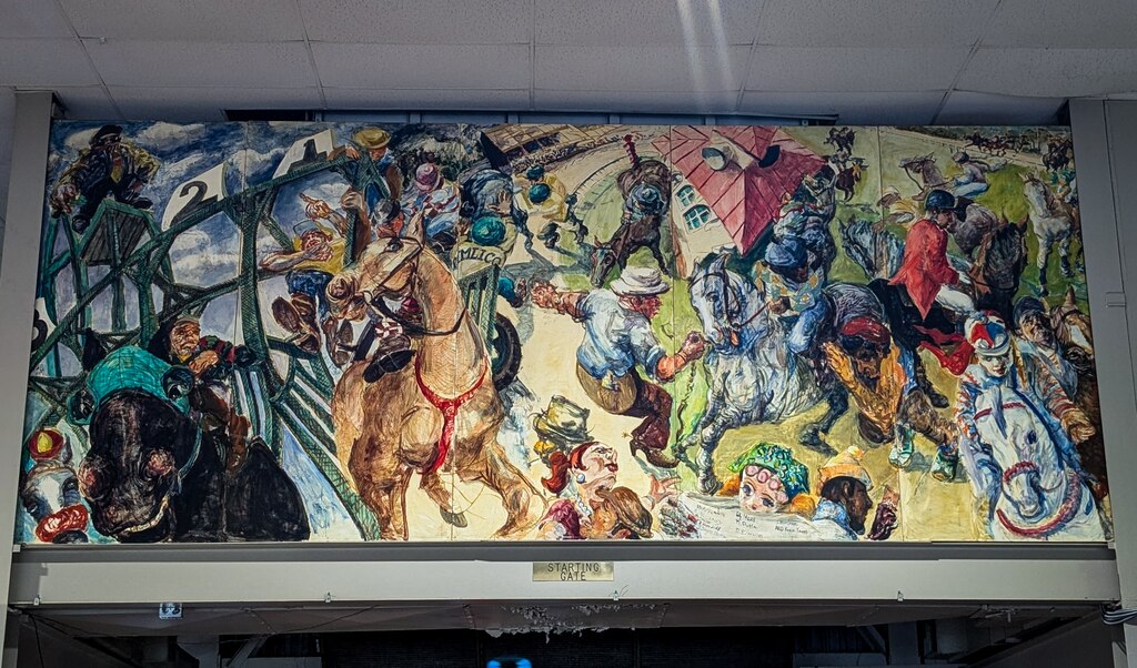"The Starting Gate" mural by Raoul Middleman hangs in the Pimlico Race Course grandstand.