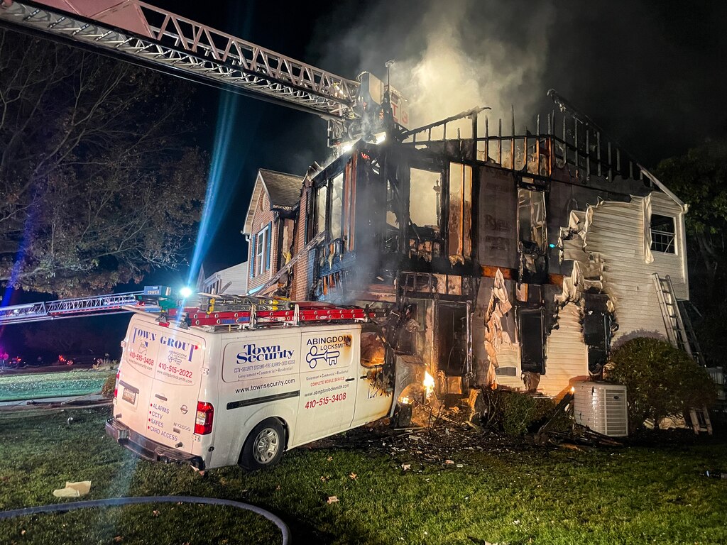 A vehicle crashed into a home in Harford County Wednesday Nov. 6. The van hit a gas leak which ignited a fire, killing two dogs in the house.