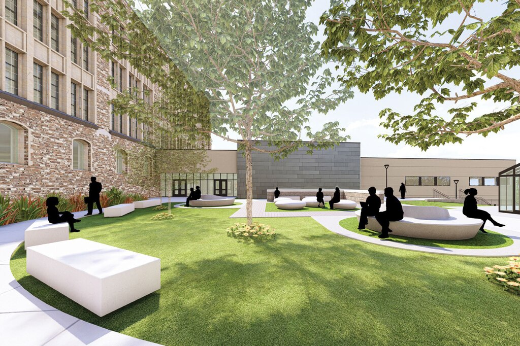 Renderings of the design for the updated campus of Baltimore City College in East Baltimore. The final review of the building design and pre-construction kick-off are slated for Wednesday, May 21, 2025.
