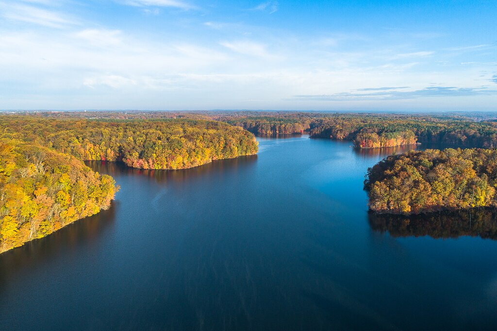 An aerial view of the southernmost section of Liberty Reservoir.