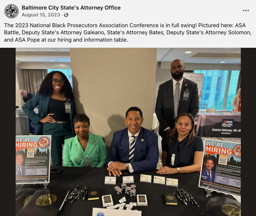 A public post on the State's Attorney Office Facebook page shows Ivan Bates, center, at the National Black Prosecutors Association conference in Chicago with several of his staff members in August 2023. The travel for this trip was not approved by the board.