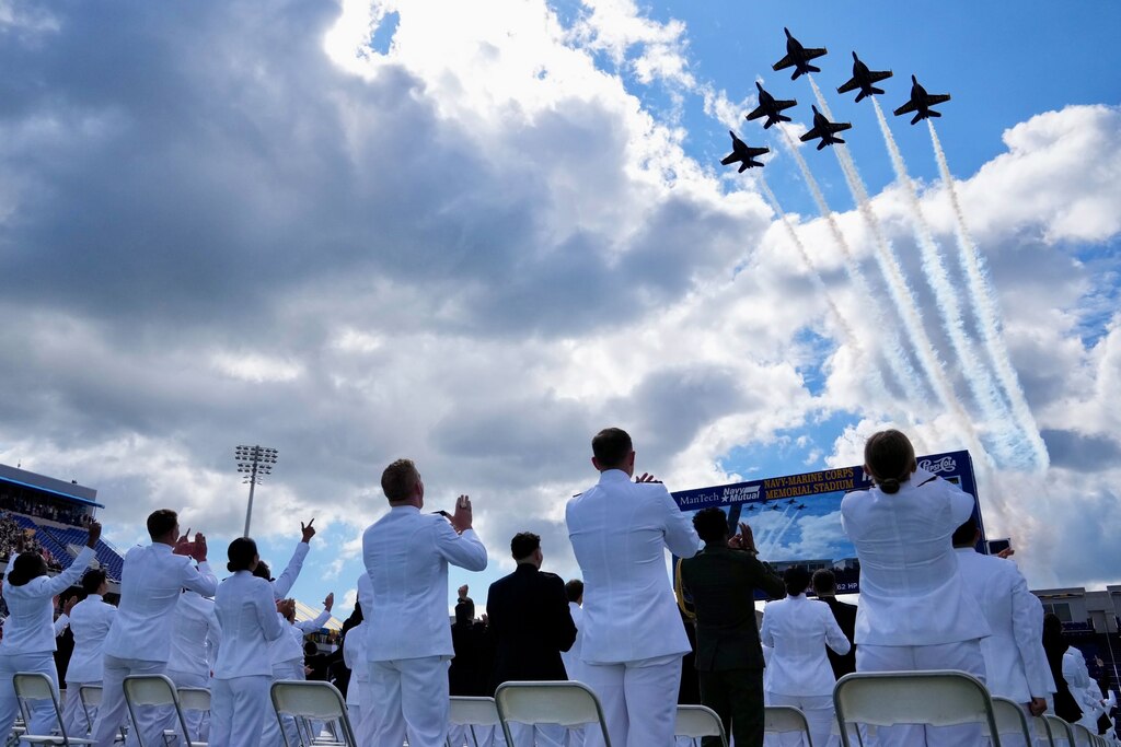 The Blue Angels fly over the Navy-Marine Corps Memorial Stadium in Annapolis, Md., during the Naval Academy graduation festivities on Friday, May 23, 2025.