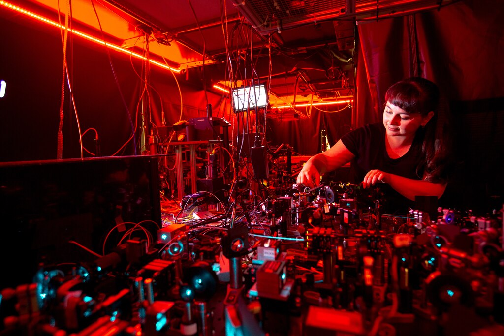A student at the Joint Quantum Institute at the University of Maryland, College Park works on a research project.