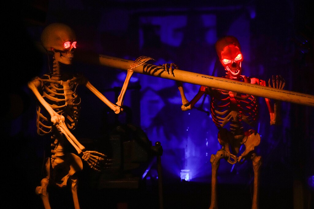 Skeletons welcome guests below deck on a haunted tour of the SS John W. Brown in Baltimore on Friday, October 18, 2024.