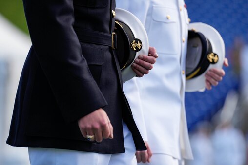 Midshipmen process onto the field during the U.S. Naval Academy Class of 2025’s graduation ceremony at the Navy-Marine Corps Memorial Stadium in Annapolis, Md. on Friday, May 23, 2025.