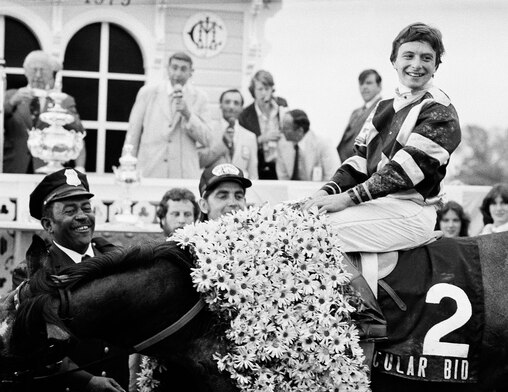 Jockey Ronnie Franklin atop Spectacular Bid in the winner's circle on Saturday, May 19, 1979 at Pimlico Race Track at Baltimore, Md., after winning the 104th running of the Preakness Stakes.