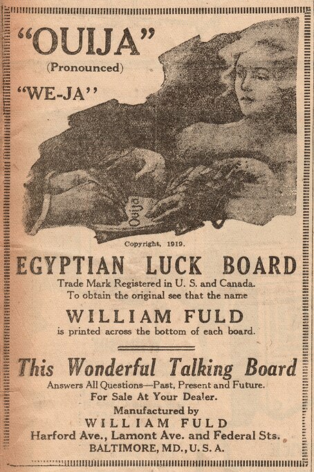 Newspaper for Ouija, the Egyptian Luck Board, from the Baltimore Sun in 1919.
