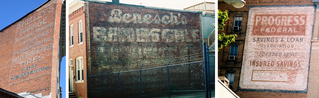 Ghost signs throughout Baltimore, including the Shelley’s Garage, left, which sits above one of the oldest gay bars in the city, Leon’s of Baltimore; Benesch's on Fort Ave.; and the Progress Federal sign on Saratoga Street.