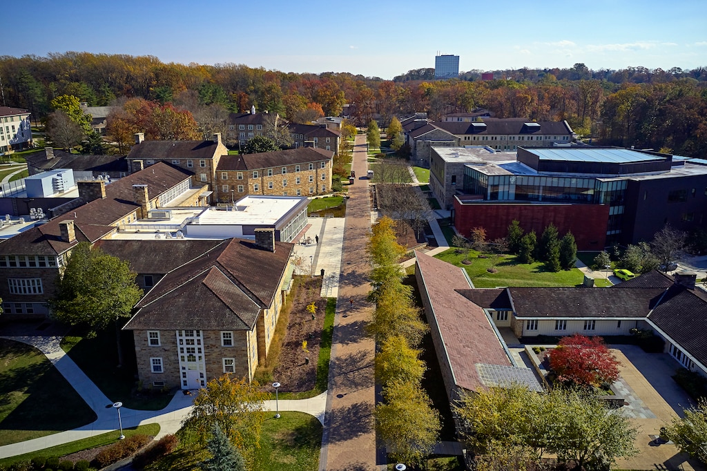 An aerial view of the Goucher College Campus.