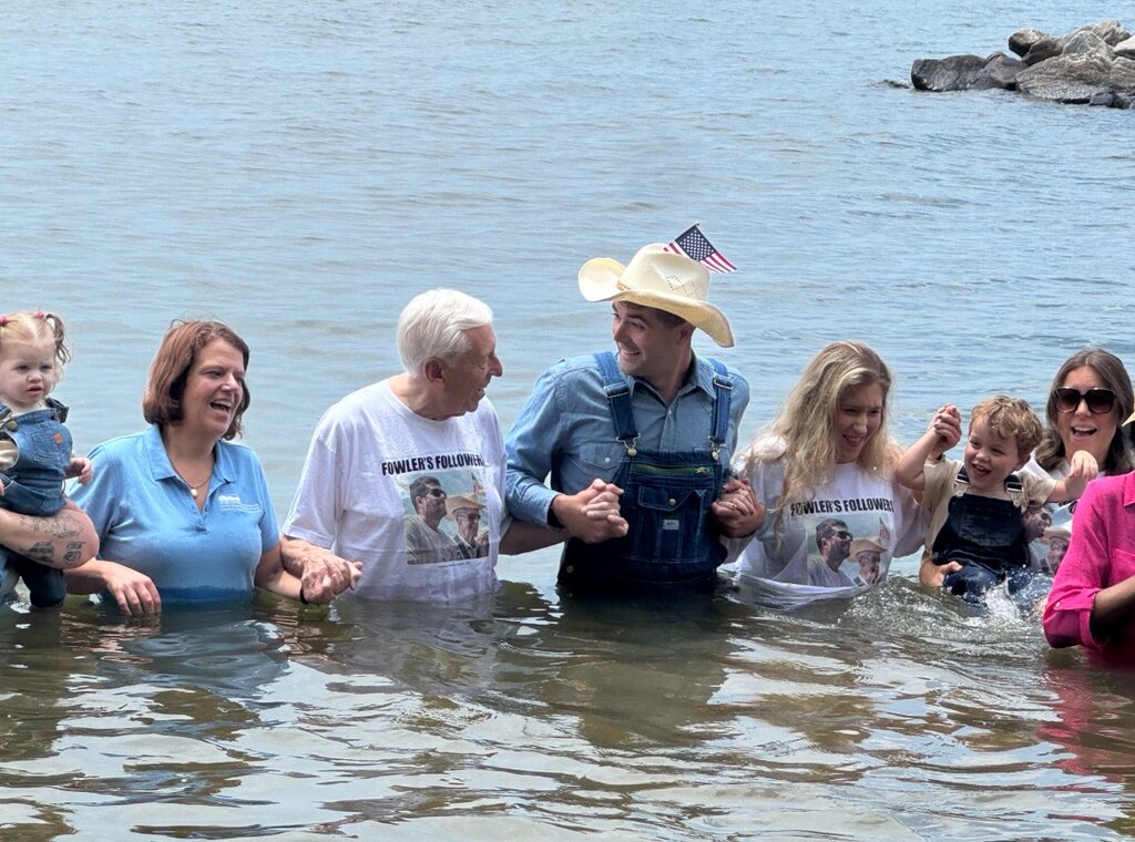 U.S. Rep. Steny Hoyer, in the white t-shirt, wades into the Patuxent River on June 9, 2025 for the 38th Bernie Fowler wade-in. It's a feet-in-the-water test of water quality.