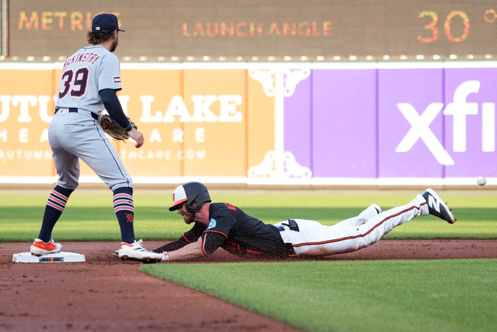 Baltimore Orioles designated hitter Jordan Westburg (11) slides safely to second base during a game against the Detroit Tigers at Oriole Park at Camden Yards in Baltimore, Md. on Wednesday, June 11, 2025.