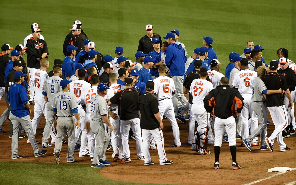 Baltimore Orioles and Kansas City Royals benches clear after Kansas City Royals pitcher Yordano Ventura threw a pitch at Baltimore Orioles Manny Machado in the fifth inning of a baseball game, Tuesday, June 7, 2016, in Baltimore. (AP Photo/Gail Burton)