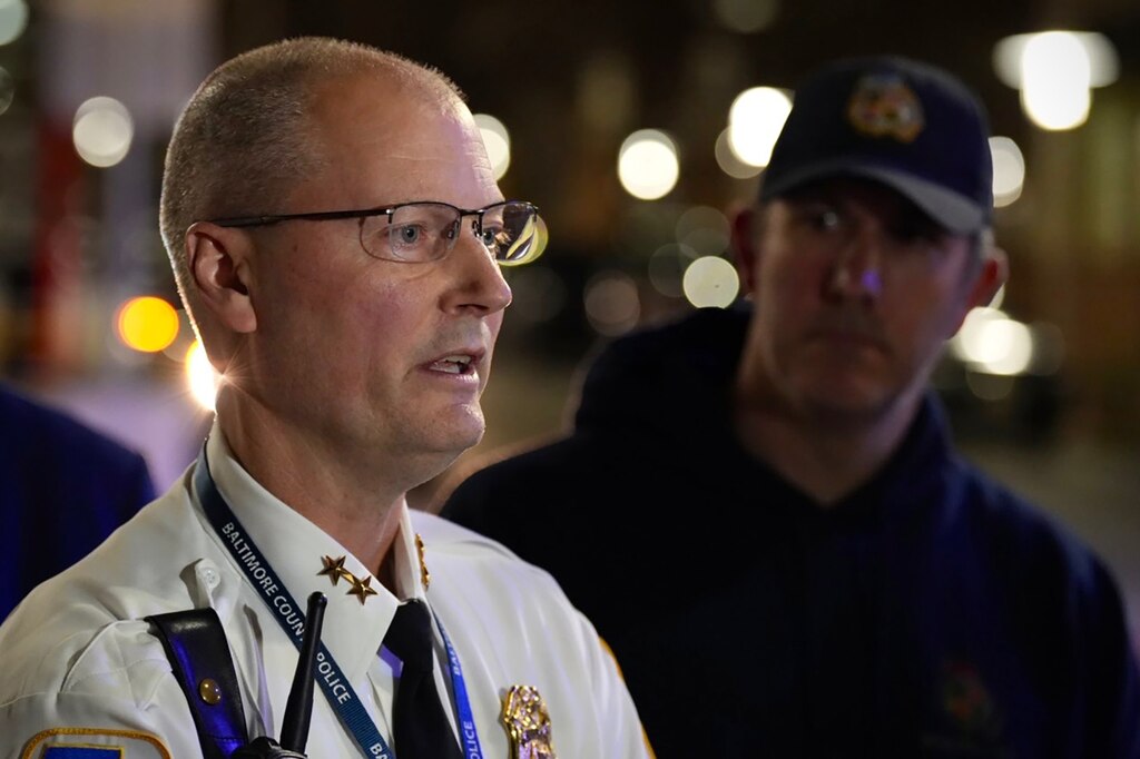 Baltimore county police chief Dennis Delp and County /Executive Johnny Olsezwski at a press conference speaking about the second shot officer.