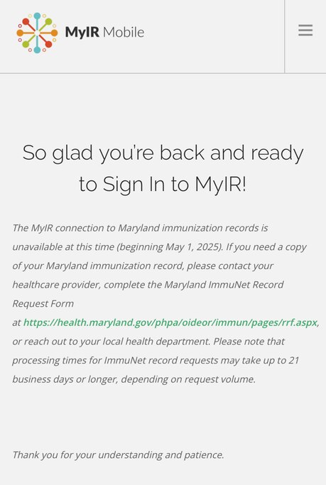 A screenshot of the MyIR web portal on Thursday, May 1, 2025, shows the site is offline.