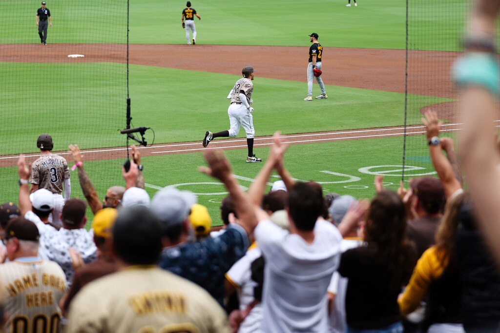 San Diego Padres' Manny Machado, center, runs the bases after hitting a solo home run against the Pittsburgh Pirates in the first inning of a baseball game Sunday, June 1, 2025, in San Diego.