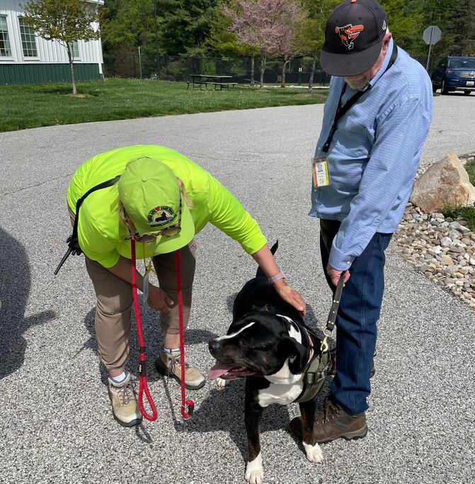 BCAS Volunteers Dave Dougherty and Sue Glaeser pet Bruno, the American Staffordshire Terrier Dougherty adopted last week. "Everybody loves Bruno," Glaeser said.