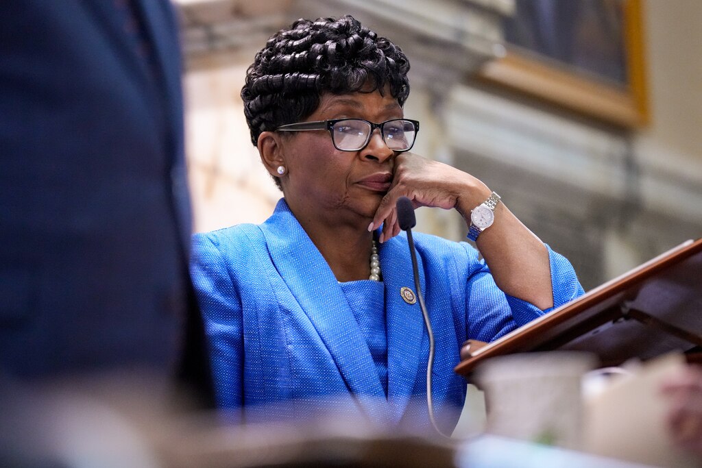 Maryland House Speaker Adrienne A. Jones conducts business from her podium in the Maryland State House during Sine Die, the final day of the 2024 General Assembly Session in Annapolis, on April 8, 2024. Any bill that doesn’t get passed by midnight on Sine Die is effectively dead, and lawmakers will need to address it next year.