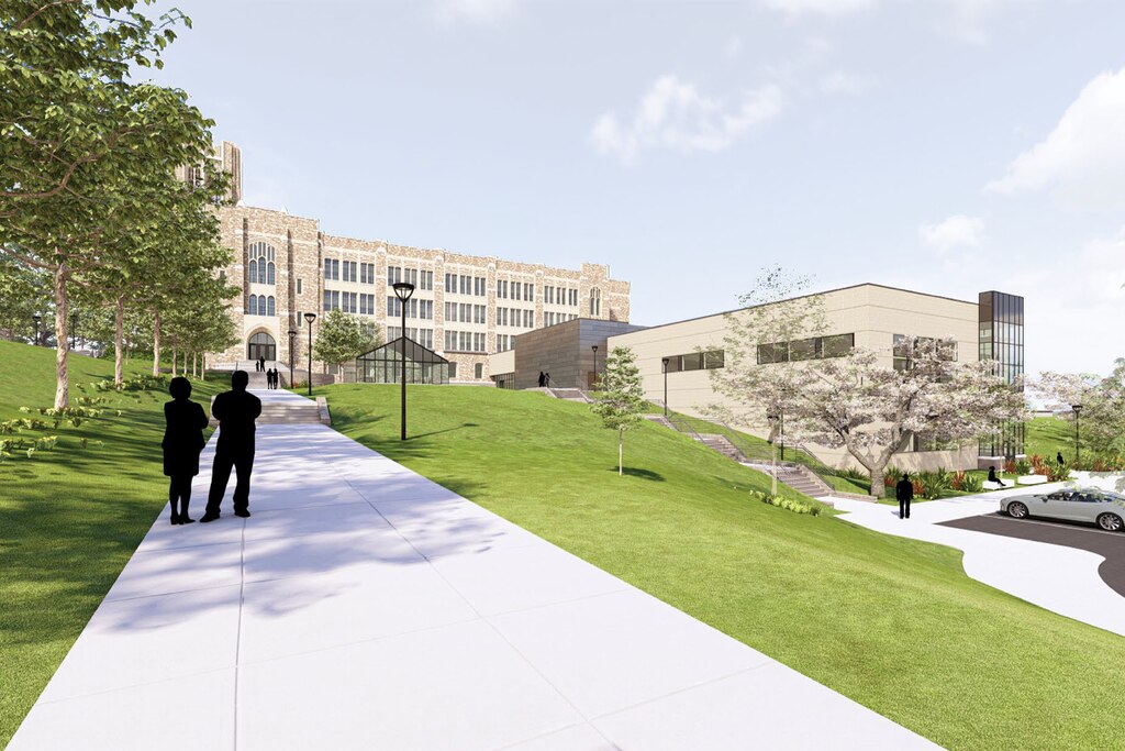 Renderings of the design for the updated campus of Baltimore City College in East Baltimore. The final review of the building design and pre-construction kick-off are slated for Wednesday, May 21, 2025.