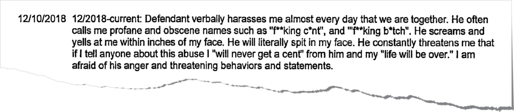 An excerpt from a protective order filed against Matusz alleging abusive behavior.