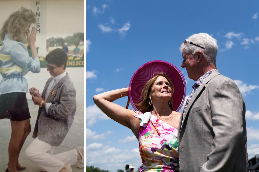 At left, an old photo of Jeff James proposing to his now-wife, Kelly James, 35 years ago inside of the winners circle at Pimlico Race Course. At right, Kelly and Jeff James between races during the 150th Preakness, the final race at the track before its renovation at Pimlico Race Course, Saturday May 17, 2025.