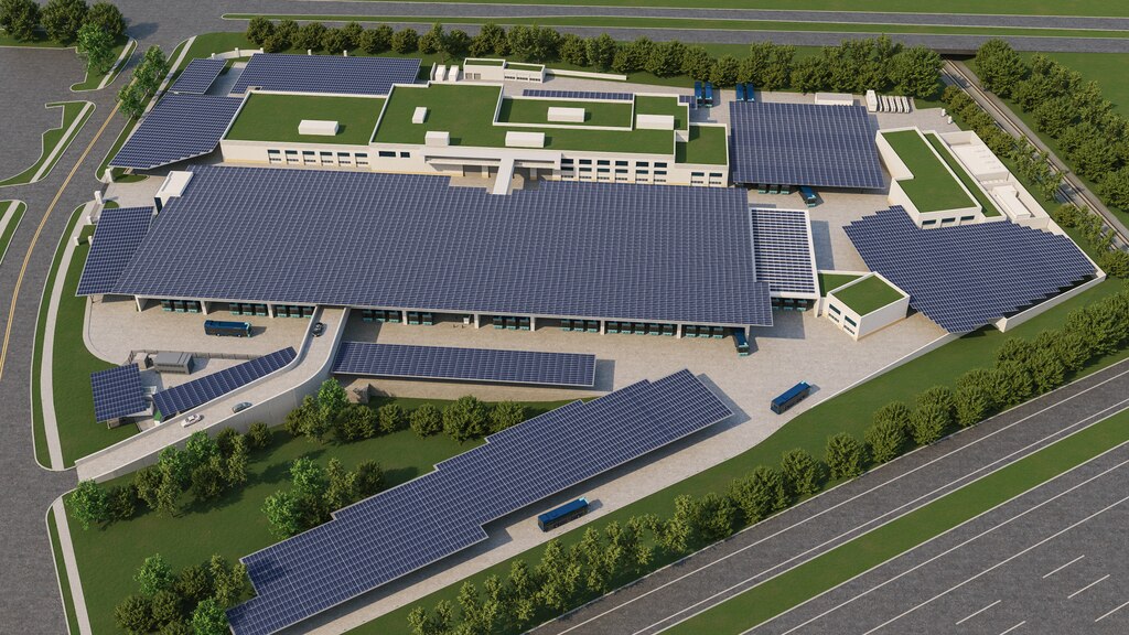 A 3D rendering of a large complex, seen from a bird's eye view, featuring solar panels and multiple buildings.