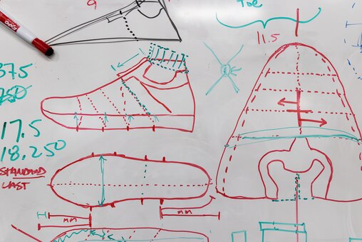 Diagrams of varied pieces of a shoe on a whiteboard in the Made Plus factory in Annapolis, MD on June 25, 2025.