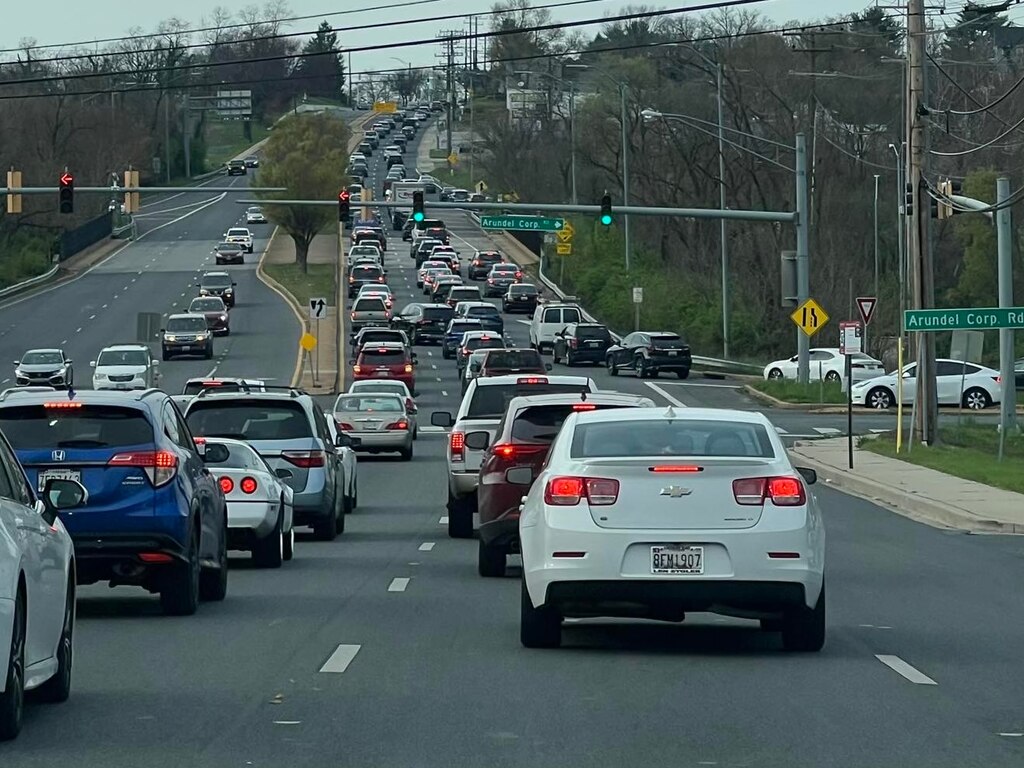 Traffic backs up near Arundel Corporation Road, along Route 2 in Glen Burnie on April 9, 2024.