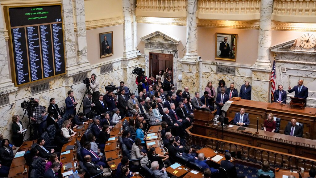 Gov. Wes Moore acknowledges his guests in the upper gallery during his second State of the State address in the Maryland State House on February 7, 2024.